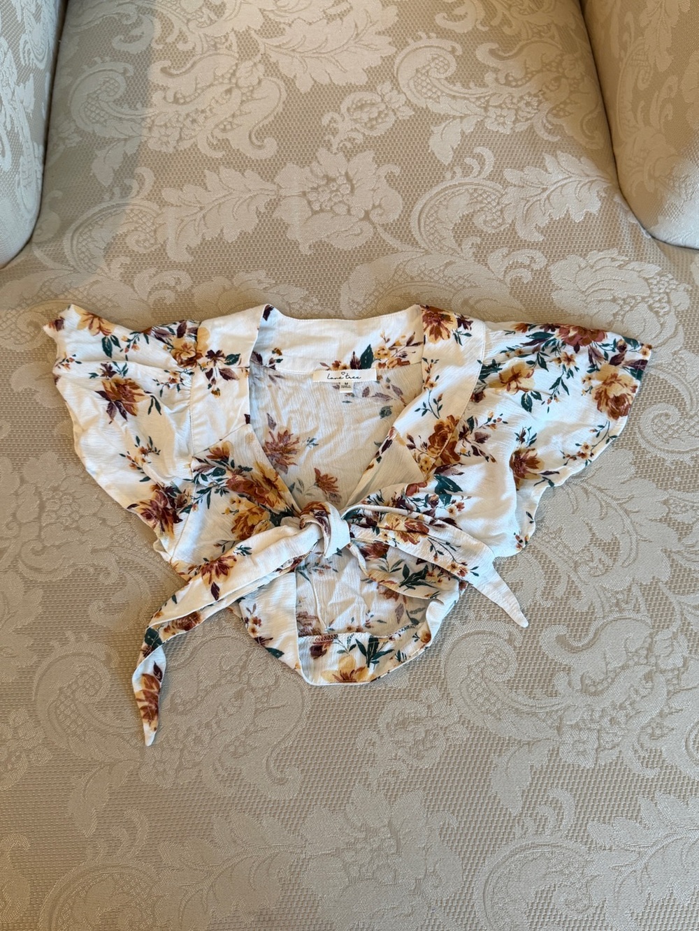Floral Tie-Front Crop Top - White with Mustard Floral